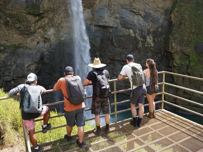 Eco Chontales Waterfall hidden in the Costa Rican rainforest, surrounded by greenery.