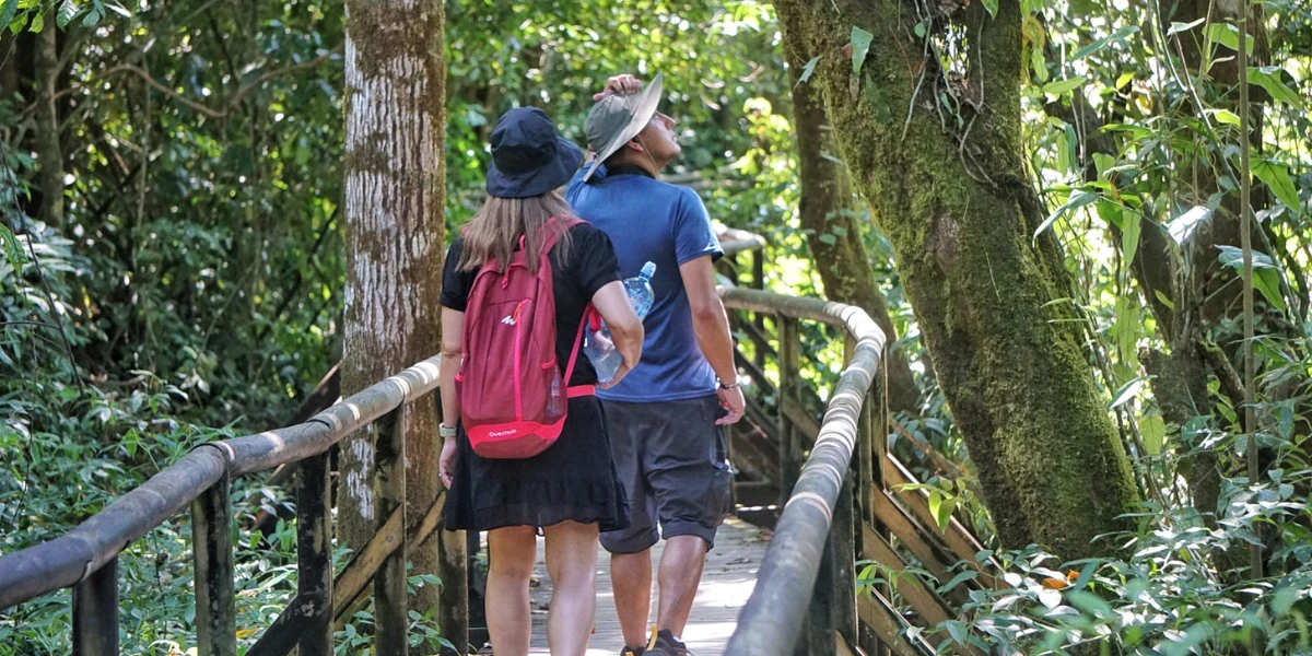 Couple hiking in Manuel Antonio National Park with guide